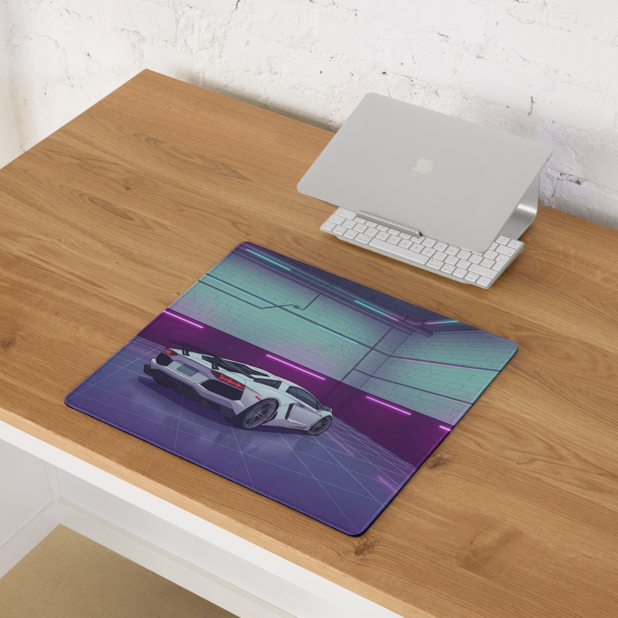 Lamborghini Aventador SVJ Inspired White Purple Vaporwave Gaming Mouse Pad – Neon Garage Desk Mat, Retro Futuristic Supercar Digital Artwork