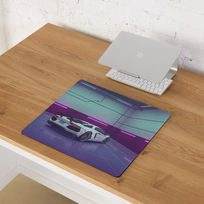 Lamborghini Aventador SVJ Inspired White Purple Vaporwave Gaming Mouse Pad – Neon Garage Desk Mat, Retro Futuristic Supercar Digital Artwork
