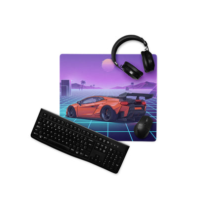 Lamborghini Temerario Inspired Orange Purple Vaporwave Gaming Mouse Pad – Neon Grid Sunset Desk Mat, Retro Futuristic Supercar Digital Artwork