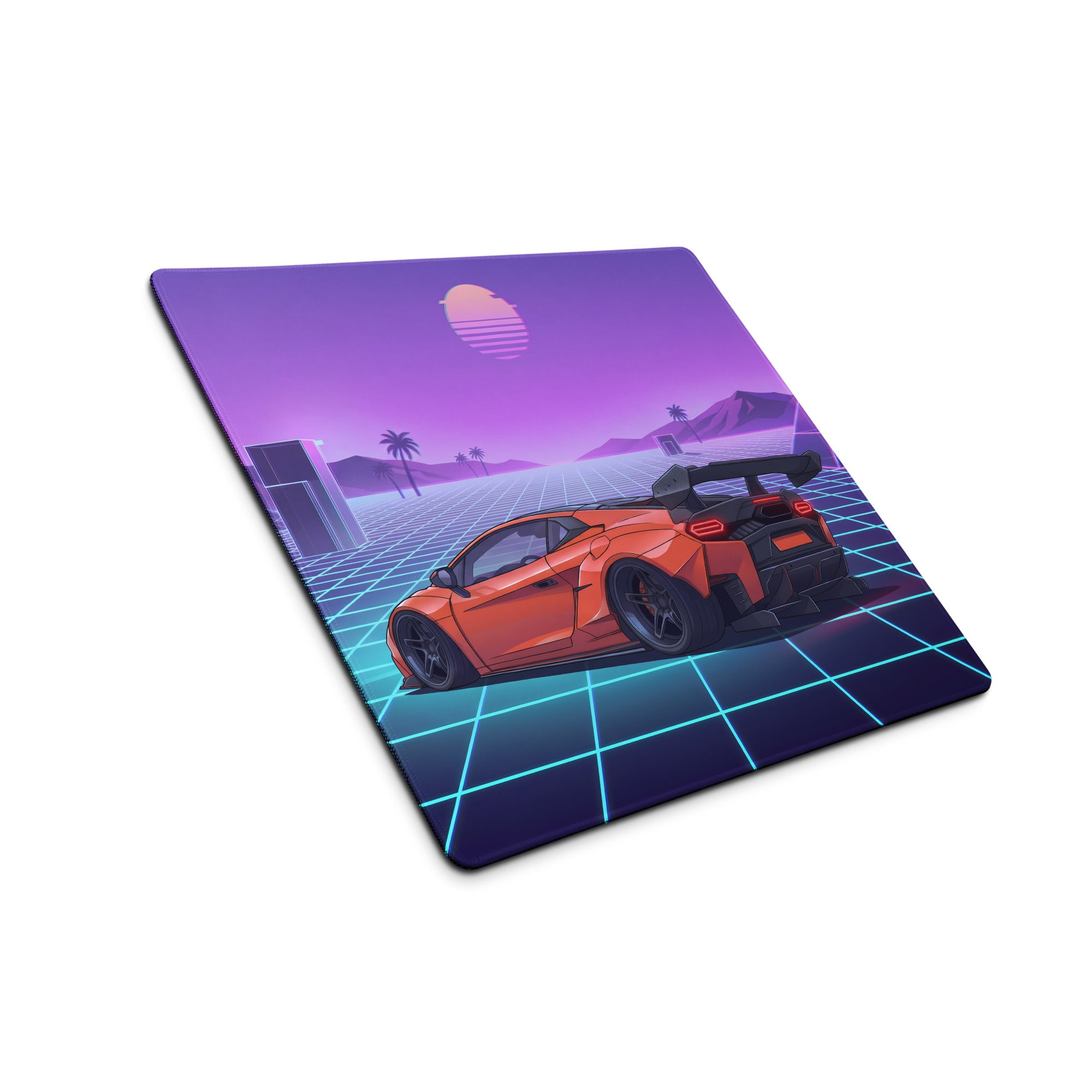 Lamborghini Temerario Inspired Orange Purple Vaporwave Gaming Mouse Pad – Neon Grid Sunset Desk Mat, Retro Futuristic Supercar Digital Artwork
