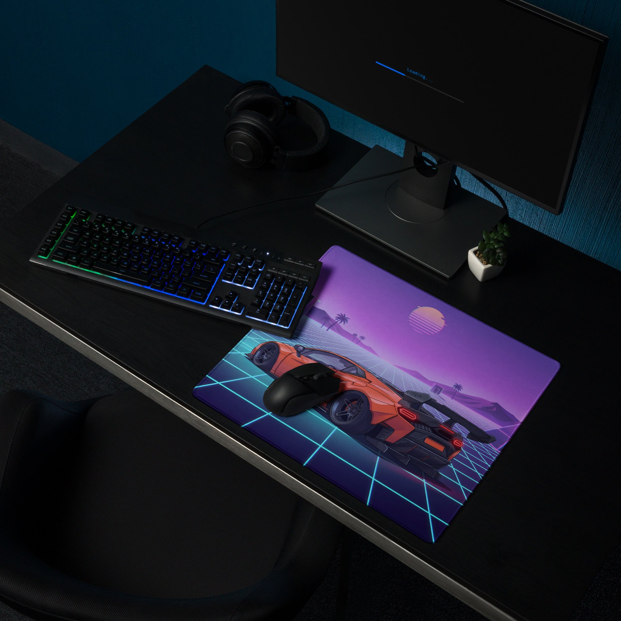 Lamborghini Temerario Inspired Orange Purple Vaporwave Gaming Mouse Pad – Neon Grid Sunset Desk Mat, Retro Futuristic Supercar Digital Artwork