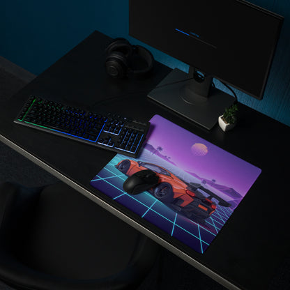 Lamborghini Temerario Inspired Orange Purple Vaporwave Gaming Mouse Pad – Neon Grid Sunset Desk Mat, Retro Futuristic Supercar Digital Artwork