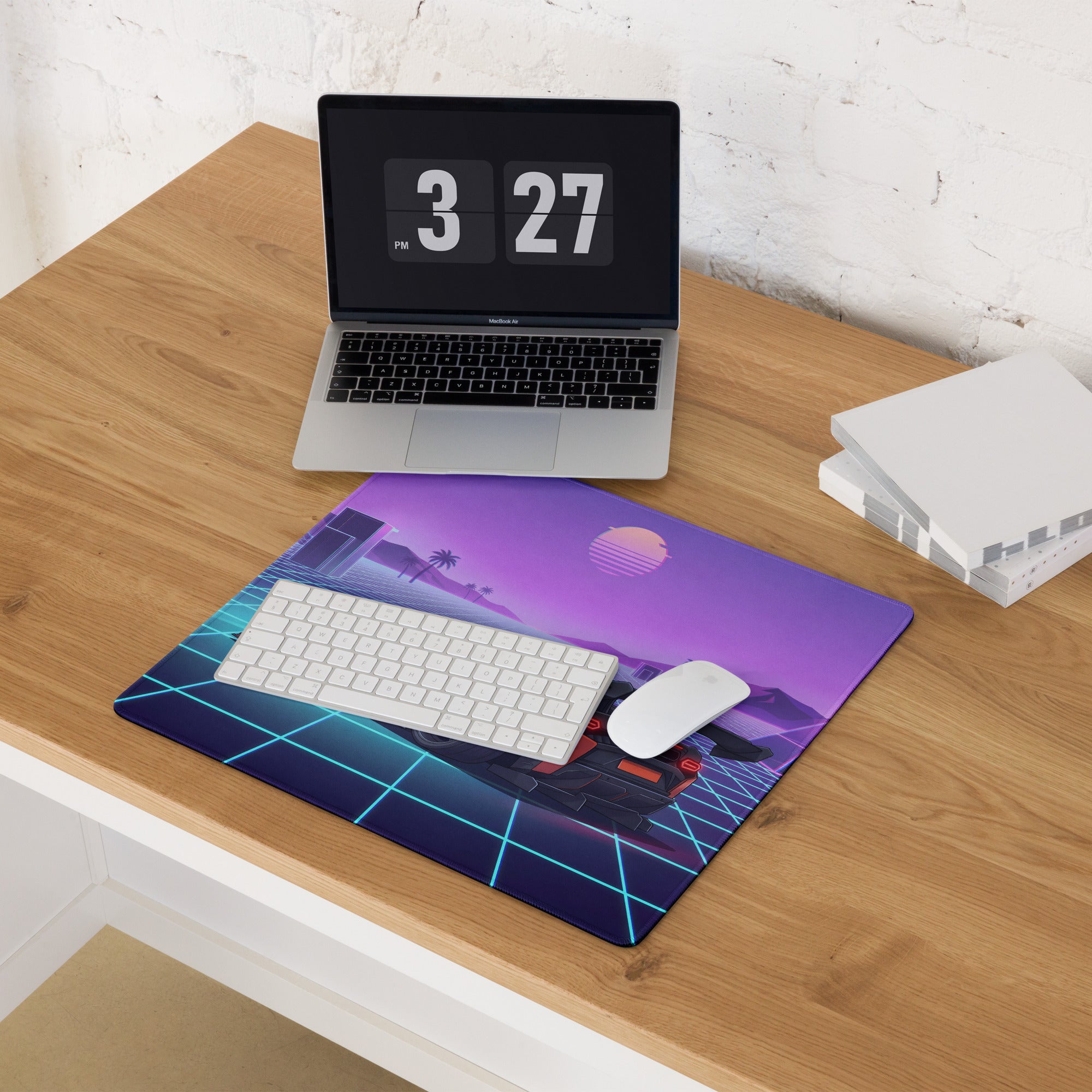 Lamborghini Temerario Inspired Orange Purple Vaporwave Gaming Mouse Pad – Neon Grid Sunset Desk Mat, Retro Futuristic Supercar Digital Artwork