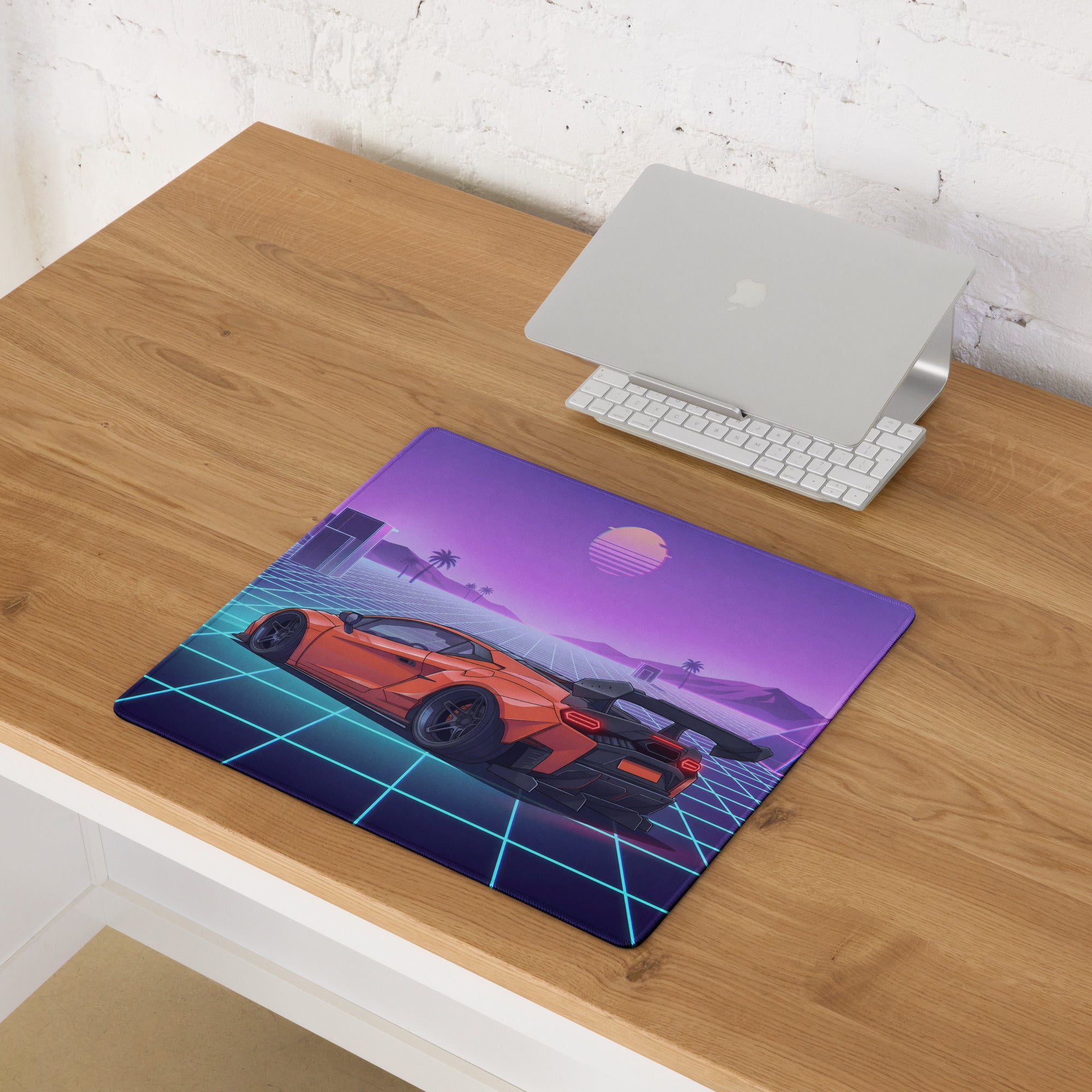 Lamborghini Temerario Inspired Orange Purple Vaporwave Gaming Mouse Pad – Neon Grid Sunset Desk Mat, Retro Futuristic Supercar Digital Artwork