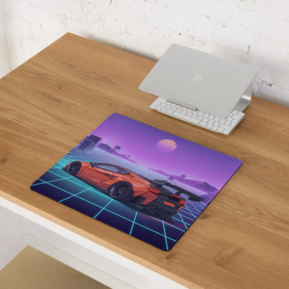 Lamborghini Temerario Inspired Orange Purple Vaporwave Gaming Mouse Pad – Neon Grid Sunset Desk Mat, Retro Futuristic Supercar Digital Artwork