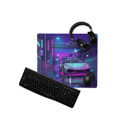 Lamborghini Huracán Inspired Silver Purple Vaporwave Gaming Mouse Pad – Neon Tokyo Street Desk Mat, Cyberpunk Supercar Digital Artwork