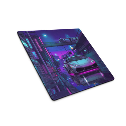 Lamborghini Huracán Inspired Silver Purple Vaporwave Gaming Mouse Pad – Neon Tokyo Street Desk Mat, Cyberpunk Supercar Digital Artwork