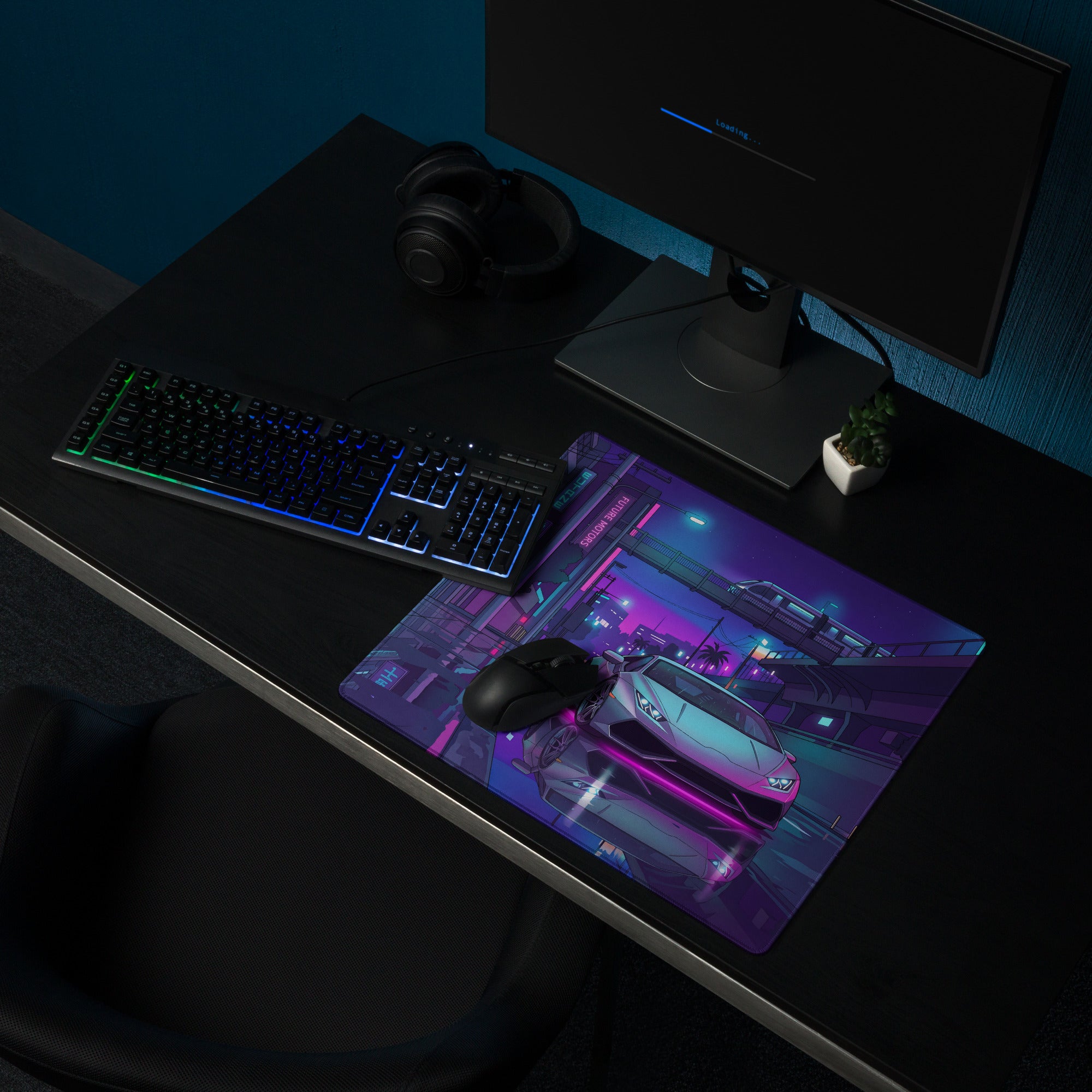 Lamborghini Huracán Inspired Silver Purple Vaporwave Gaming Mouse Pad – Neon Tokyo Street Desk Mat, Cyberpunk Supercar Digital Artwork