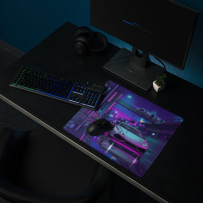 Lamborghini Huracán Inspired Silver Purple Vaporwave Gaming Mouse Pad – Neon Tokyo Street Desk Mat, Cyberpunk Supercar Digital Artwork