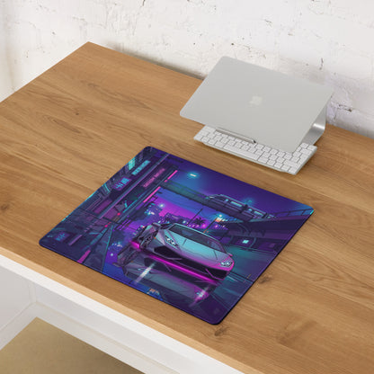 Lamborghini Huracán Inspired Silver Purple Vaporwave Gaming Mouse Pad – Neon Tokyo Street Desk Mat, Cyberpunk Supercar Digital Artwork