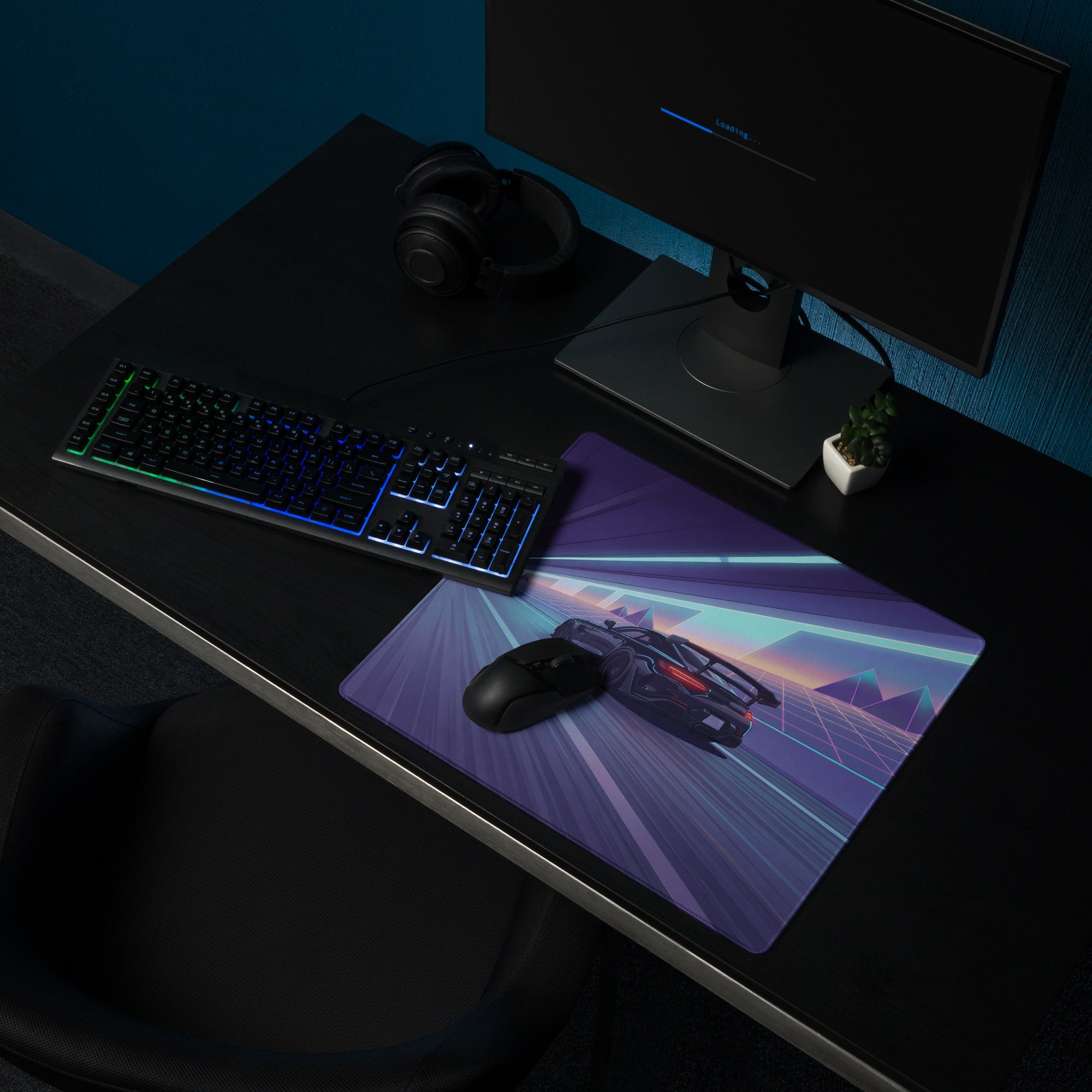 Mercedes-AMG GT Black Series Inspired Black Blue Vaporwave Gaming Mouse Pad – Neon Tunnel Desk Mat, Retro Futuristic Supercar Digital Artwork