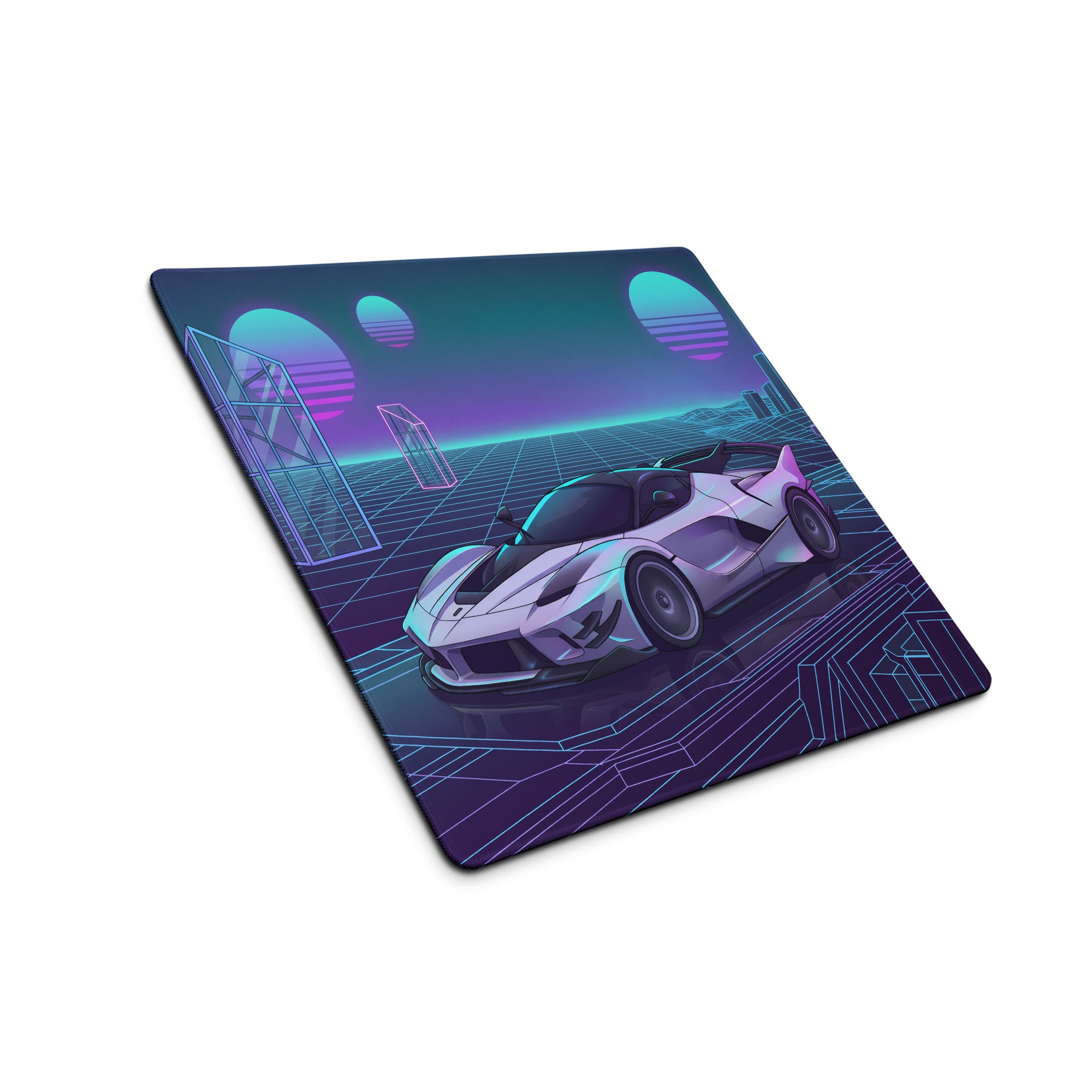 Ferrari FXX-K Evo Inspired White Blue Vaporwave Gaming Mouse Pad – Neon Grid City Desk Mat, Retro Futuristic Hypercar Digital Artwork