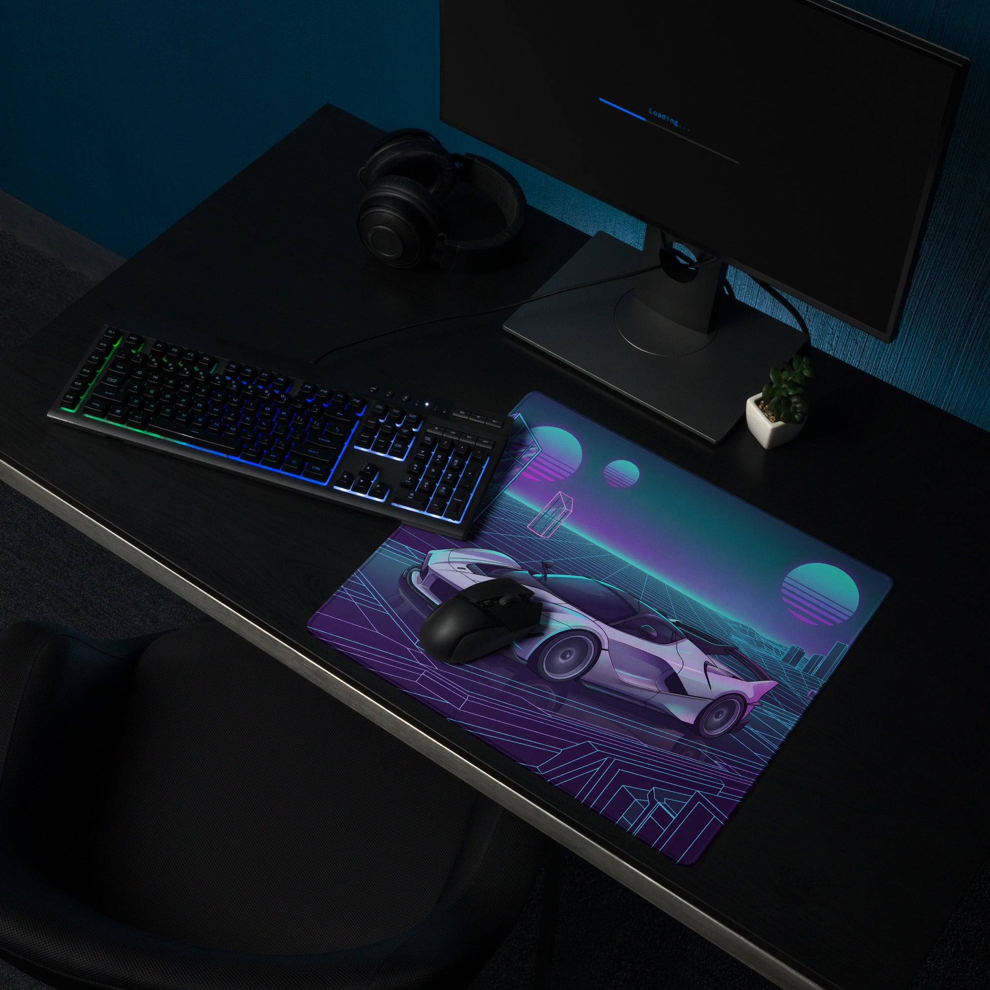 Ferrari FXX-K Evo Inspired White Blue Vaporwave Gaming Mouse Pad – Neon Grid City Desk Mat, Retro Futuristic Hypercar Digital Artwork