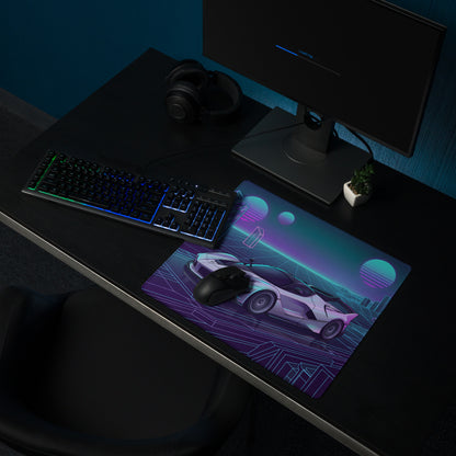 Ferrari FXX-K Evo Inspired White Blue Vaporwave Gaming Mouse Pad – Neon Grid City Desk Mat, Retro Futuristic Hypercar Digital Artwork