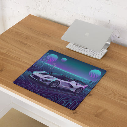 Ferrari FXX-K Evo Inspired White Blue Vaporwave Gaming Mouse Pad – Neon Grid City Desk Mat, Retro Futuristic Hypercar Digital Artwork