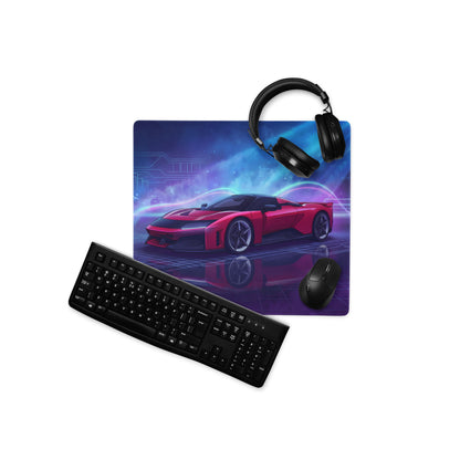 Ferrari F80 Inspired Red Blue Vaporwave Gaming Mouse Pad – Neon Circuit City Desk Mat, Futuristic Hypercar Digital Artwork