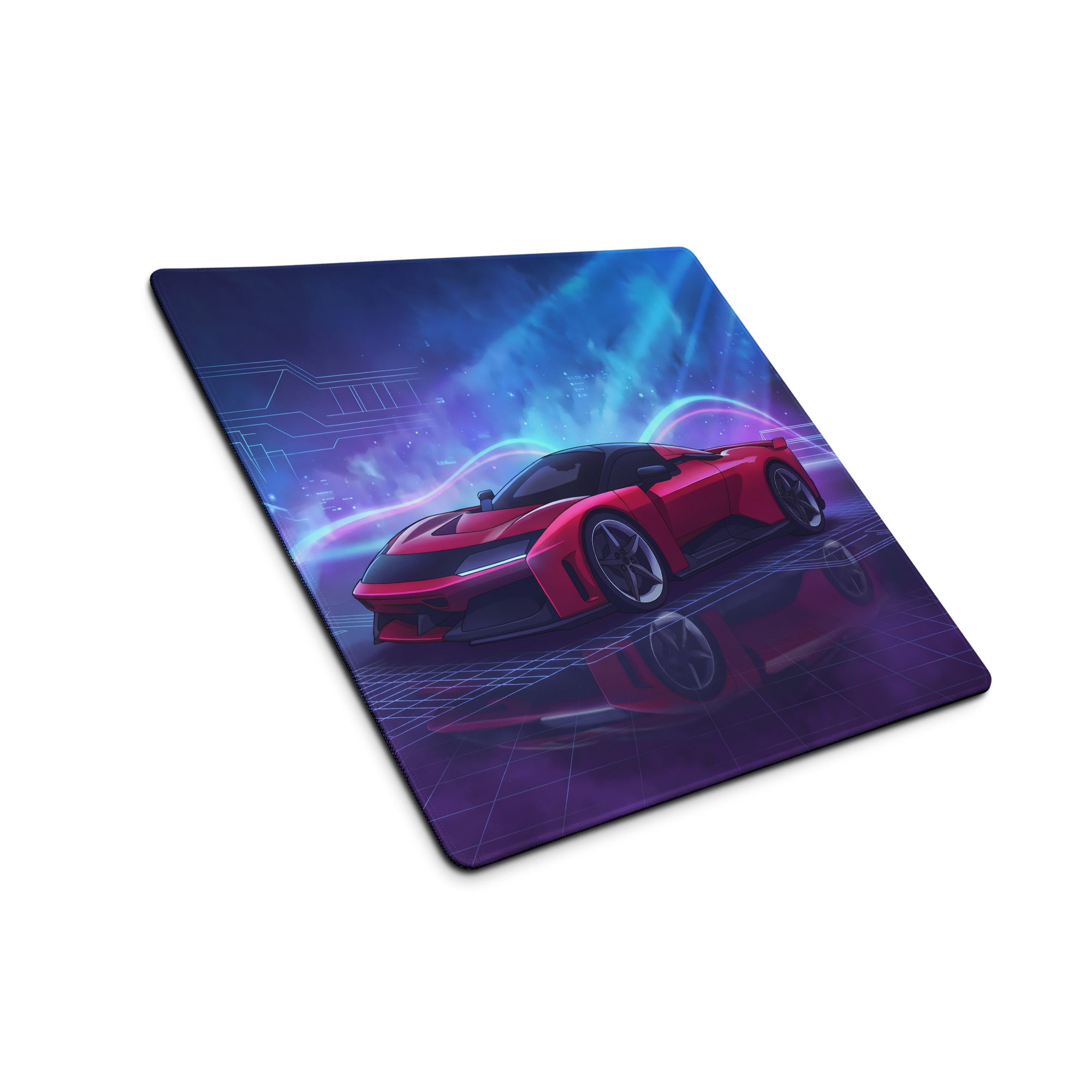 Ferrari F80 Inspired Red Blue Vaporwave Gaming Mouse Pad – Neon Circuit City Desk Mat, Futuristic Hypercar Digital Artwork