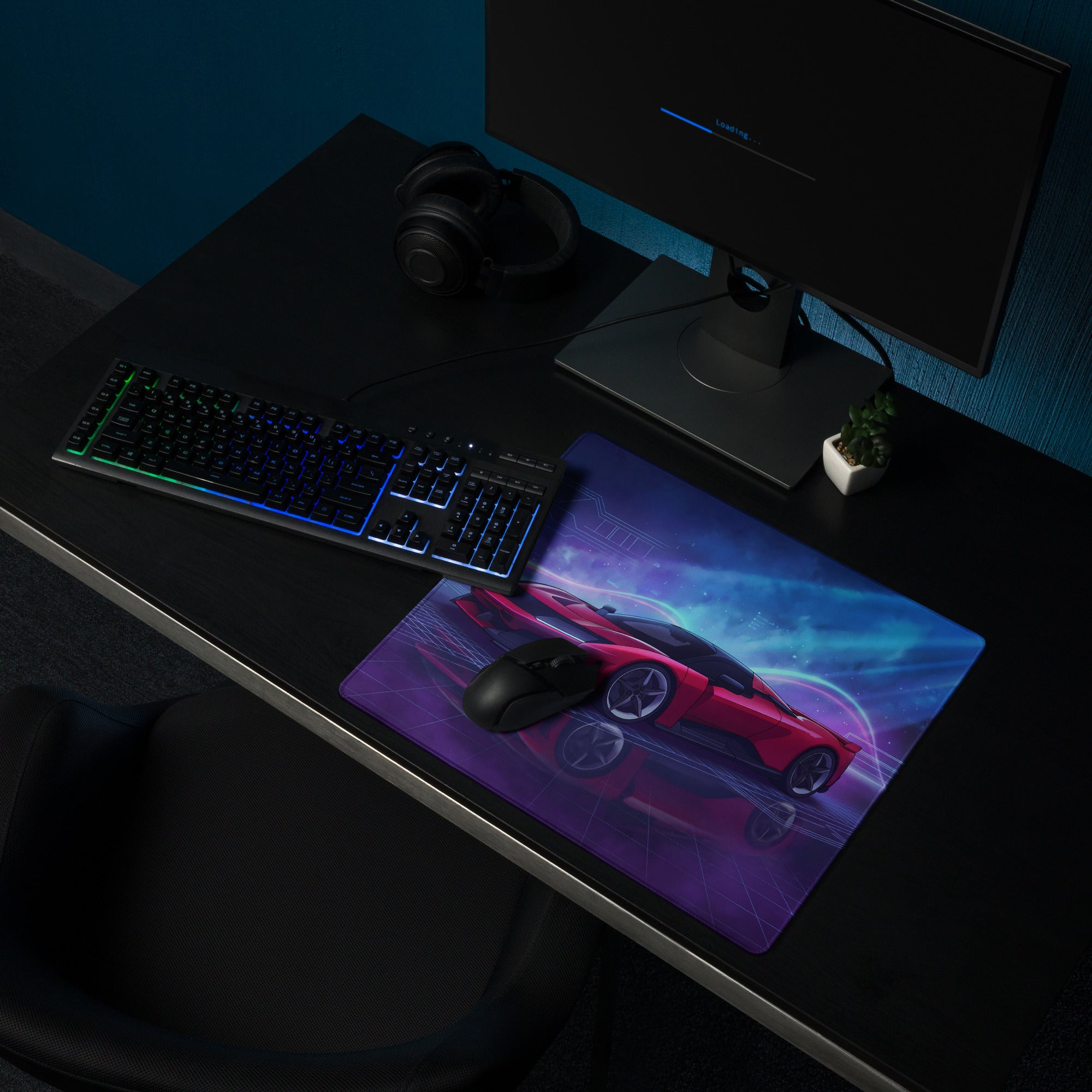 Ferrari F80 Inspired Red Blue Vaporwave Gaming Mouse Pad – Neon Circuit City Desk Mat, Futuristic Hypercar Digital Artwork