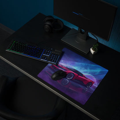Ferrari F80 Inspired Red Blue Vaporwave Gaming Mouse Pad – Neon Circuit City Desk Mat, Futuristic Hypercar Digital Artwork