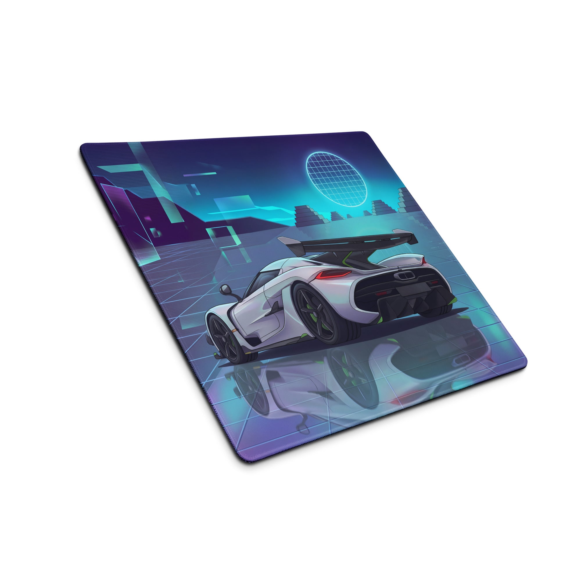 Koenigsegg Jesko Attack Inspired White Cyan Vaporwave Gaming Mouse Pad – Neon Grid Landscape Desk Mat, Retro Futuristic Hypercar Digital Artwork