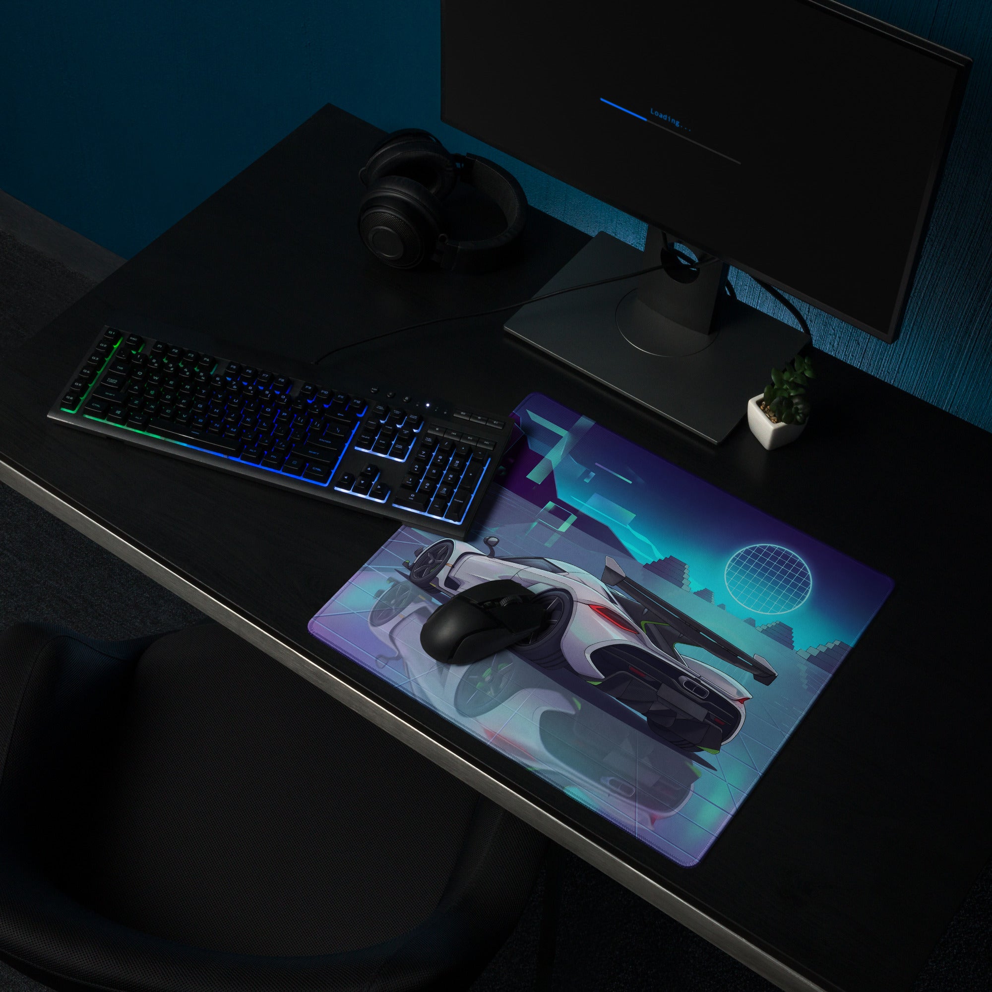 Koenigsegg Jesko Attack Inspired White Cyan Vaporwave Gaming Mouse Pad – Neon Grid Landscape Desk Mat, Retro Futuristic Hypercar Digital Artwork