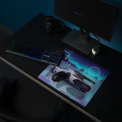 Koenigsegg Jesko Attack Inspired White Cyan Vaporwave Gaming Mouse Pad – Neon Grid Landscape Desk Mat, Retro Futuristic Hypercar Digital Artwork