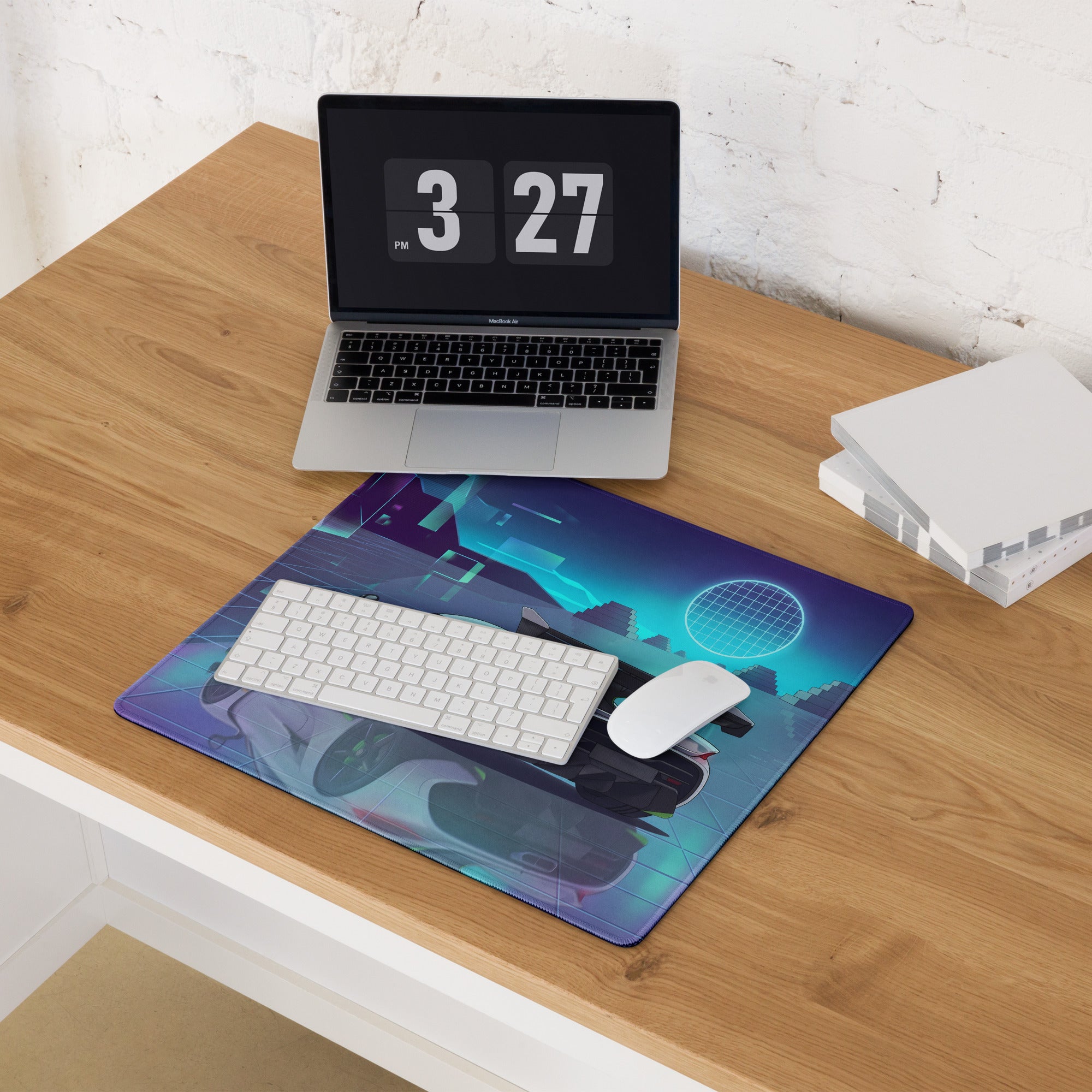Koenigsegg Jesko Attack Inspired White Cyan Vaporwave Gaming Mouse Pad – Neon Grid Landscape Desk Mat, Retro Futuristic Hypercar Digital Artwork