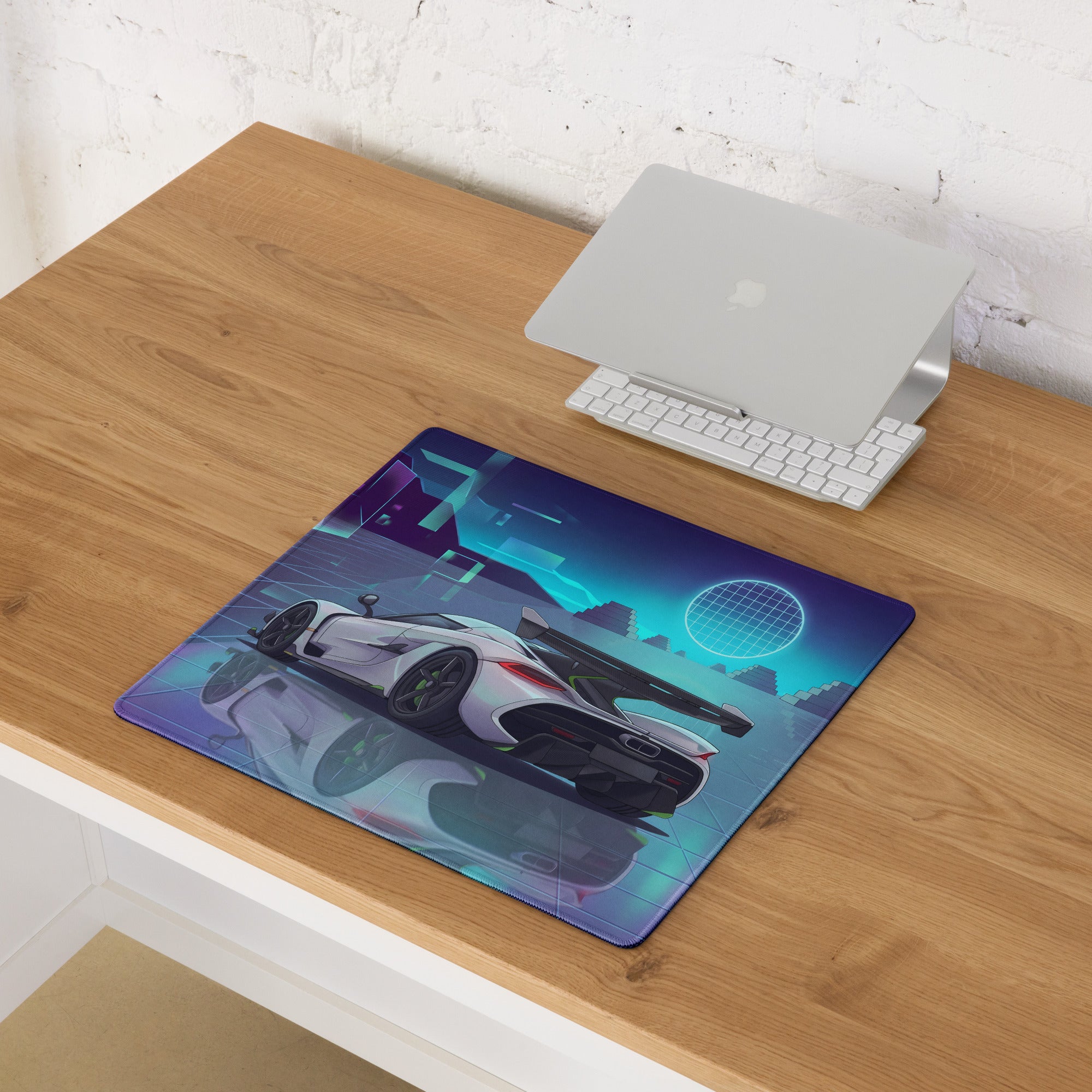 Koenigsegg Jesko Attack Inspired White Cyan Vaporwave Gaming Mouse Pad – Neon Grid Landscape Desk Mat, Retro Futuristic Hypercar Digital Artwork