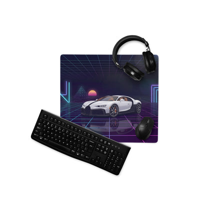 Bugatti Chiron Inspired White Purple Vaporwave Gaming Mouse Pad – Neon Grid Sunset Desk Mat, Retro Futuristic Hypercar Digital Artwork