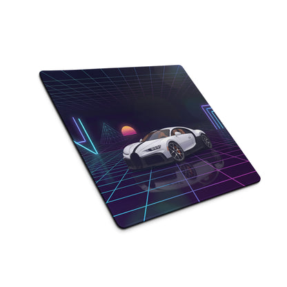 Bugatti Chiron Inspired White Purple Vaporwave Gaming Mouse Pad – Neon Grid Sunset Desk Mat, Retro Futuristic Hypercar Digital Artwork