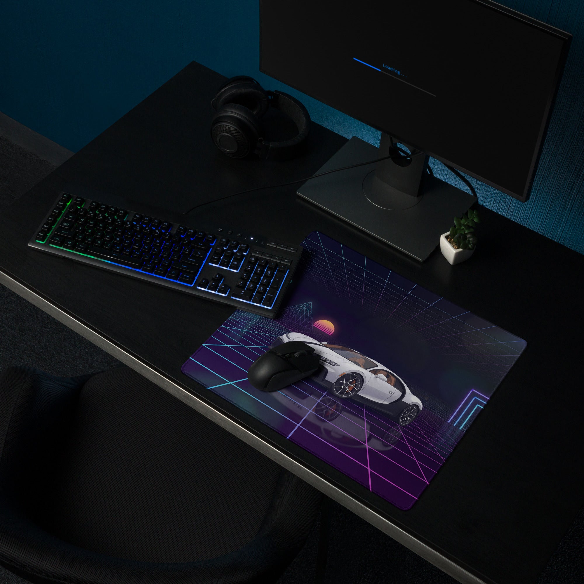 Bugatti Chiron Inspired White Purple Vaporwave Gaming Mouse Pad – Neon Grid Sunset Desk Mat, Retro Futuristic Hypercar Digital Artwork