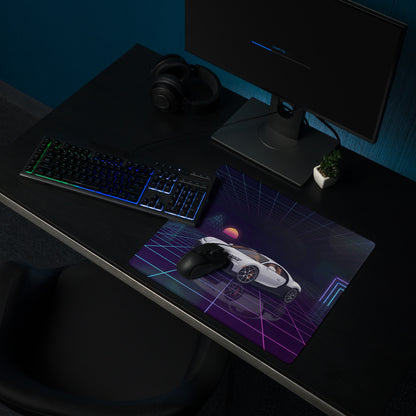 Bugatti Chiron Inspired White Purple Vaporwave Gaming Mouse Pad – Neon Grid Sunset Desk Mat, Retro Futuristic Hypercar Digital Artwork