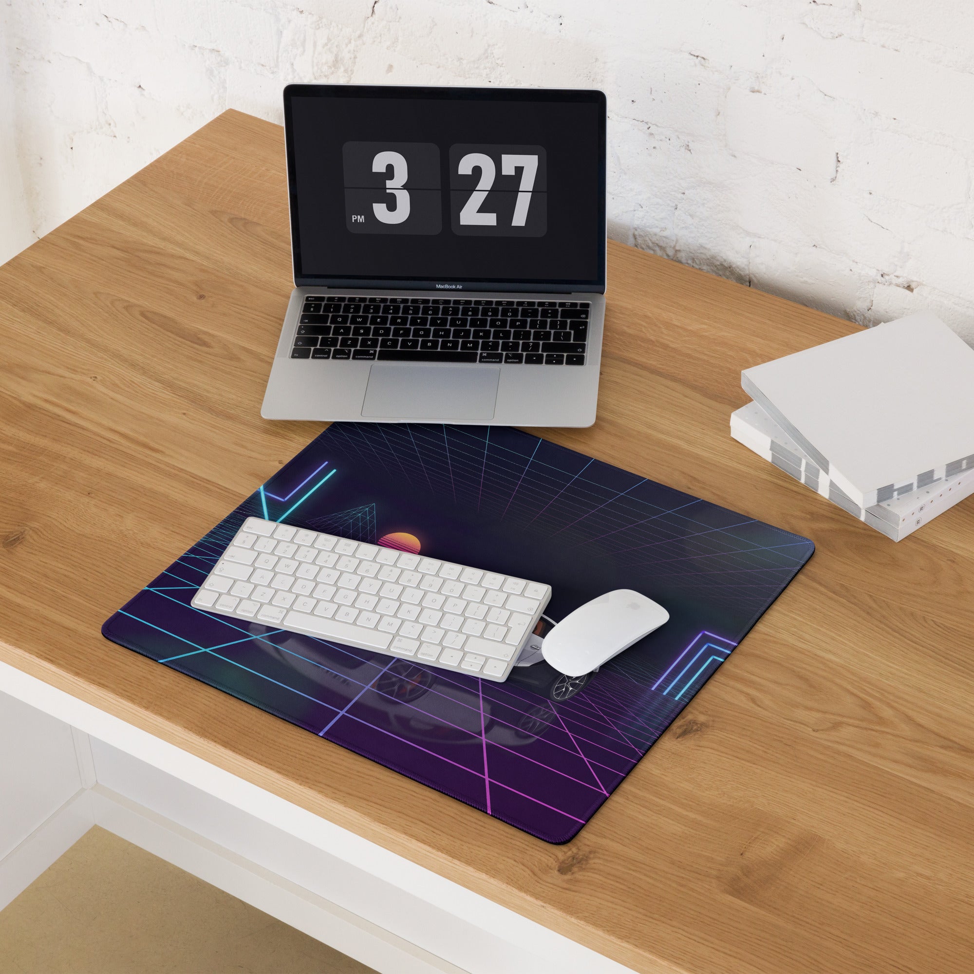 Bugatti Chiron Inspired White Purple Vaporwave Gaming Mouse Pad – Neon Grid Sunset Desk Mat, Retro Futuristic Hypercar Digital Artwork