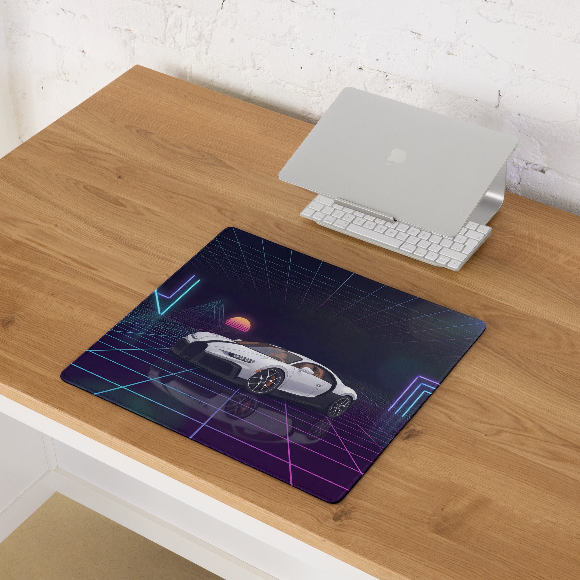 Bugatti Chiron Inspired White Purple Vaporwave Gaming Mouse Pad – Neon Grid Sunset Desk Mat, Retro Futuristic Hypercar Digital Artwork