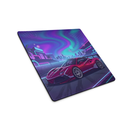 Ferrari 488 Challenge Evo Inspired Red Purple Vaporwave Gaming Mouse Pad – Neon City Raceway Desk Mat, Retro Futuristic Supercar Digital Artwork