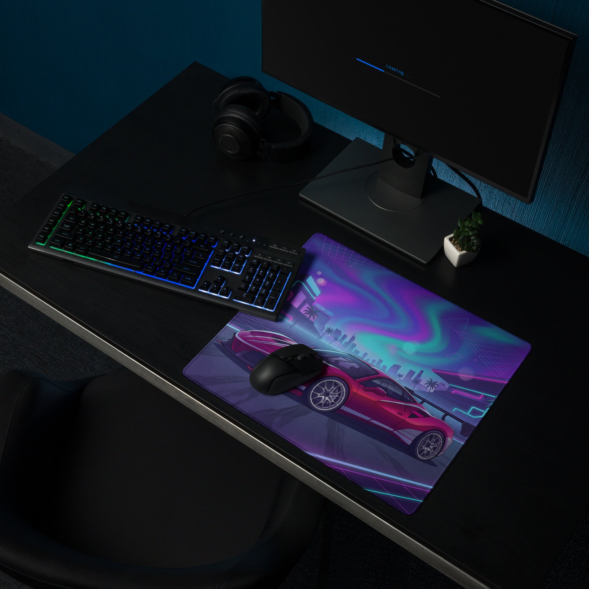 Ferrari 488 Challenge Evo Inspired Red Purple Vaporwave Gaming Mouse Pad – Neon City Raceway Desk Mat, Retro Futuristic Supercar Digital Artwork