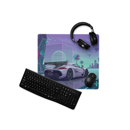 Koenigsegg Jesko Attack Inspired White Purple Vaporwave Gaming Mouse Pad – Neon Cyber City Desk Mat, Retro Futuristic Hypercar Digital Artwork
