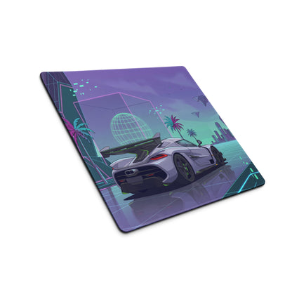 Koenigsegg Jesko Attack Inspired White Purple Vaporwave Gaming Mouse Pad – Neon Cyber City Desk Mat, Retro Futuristic Hypercar Digital Artwork