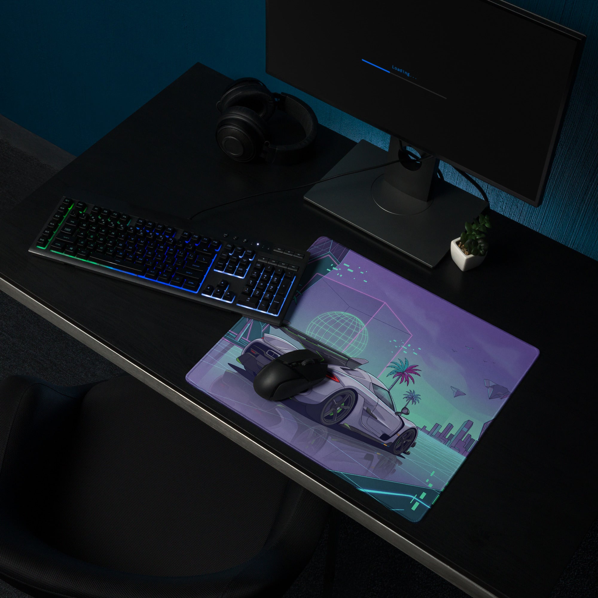 Koenigsegg Jesko Attack Inspired White Purple Vaporwave Gaming Mouse Pad – Neon Cyber City Desk Mat, Retro Futuristic Hypercar Digital Artwork