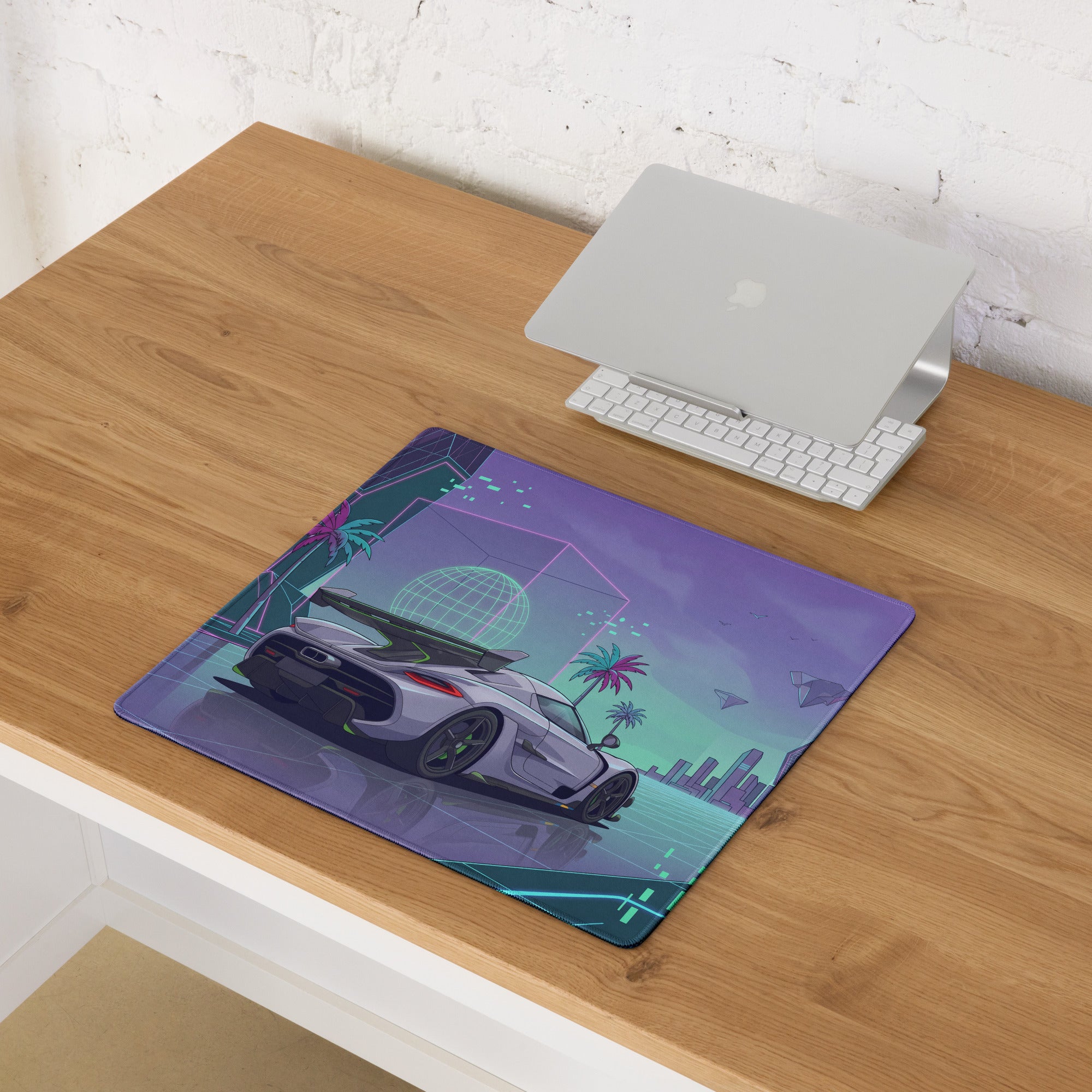 Koenigsegg Jesko Attack Inspired White Purple Vaporwave Gaming Mouse Pad – Neon Cyber City Desk Mat, Retro Futuristic Hypercar Digital Artwork