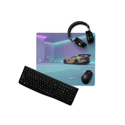 Dodge Viper ACR Inspired Gold Cyan Vaporwave Gaming Mouse Pad – Futuristic Neon Garage Desk Mat, Retro Geometric Supercar Digital Artwork