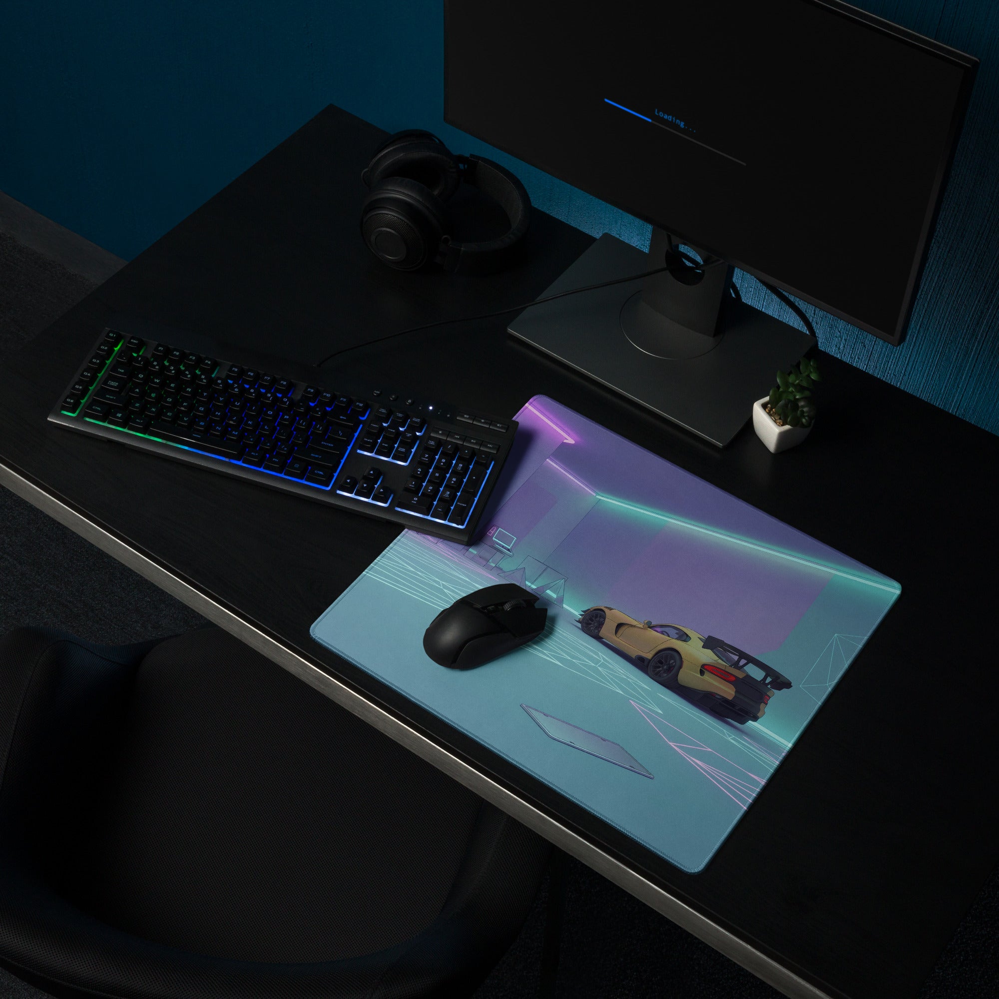 Dodge Viper ACR Inspired Gold Cyan Vaporwave Gaming Mouse Pad – Futuristic Neon Garage Desk Mat, Retro Geometric Supercar Digital Artwork