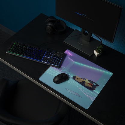 Dodge Viper ACR Inspired Gold Cyan Vaporwave Gaming Mouse Pad – Futuristic Neon Garage Desk Mat, Retro Geometric Supercar Digital Artwork