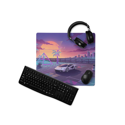 Lamborghini Countach Inspired White Purple Vaporwave Gaming Mouse Pad – Neon Sunset City Desk Mat, Retro Futuristic Supercar Digital Artwork