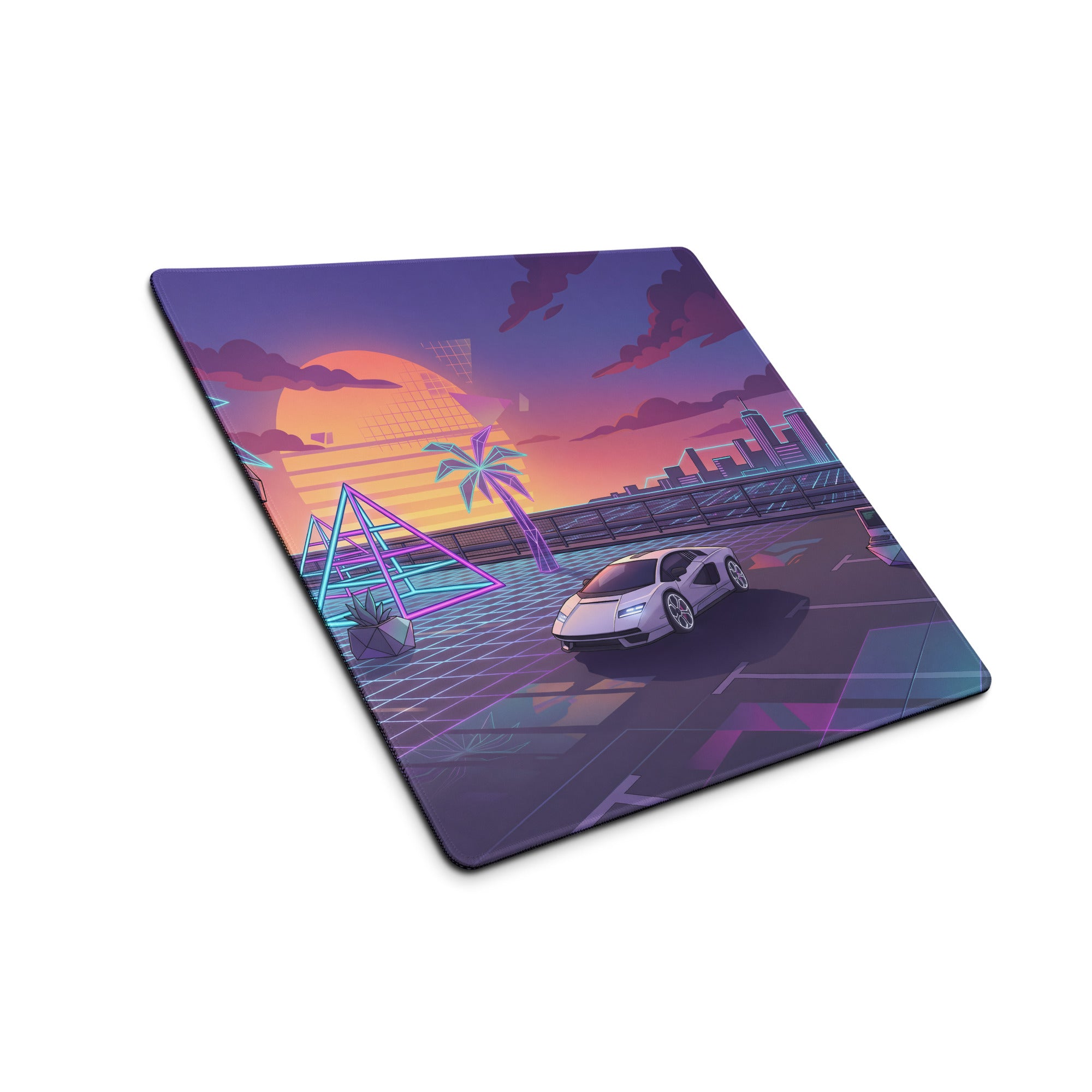 Lamborghini Countach Inspired White Purple Vaporwave Gaming Mouse Pad – Neon Sunset City Desk Mat, Retro Futuristic Supercar Digital Artwork