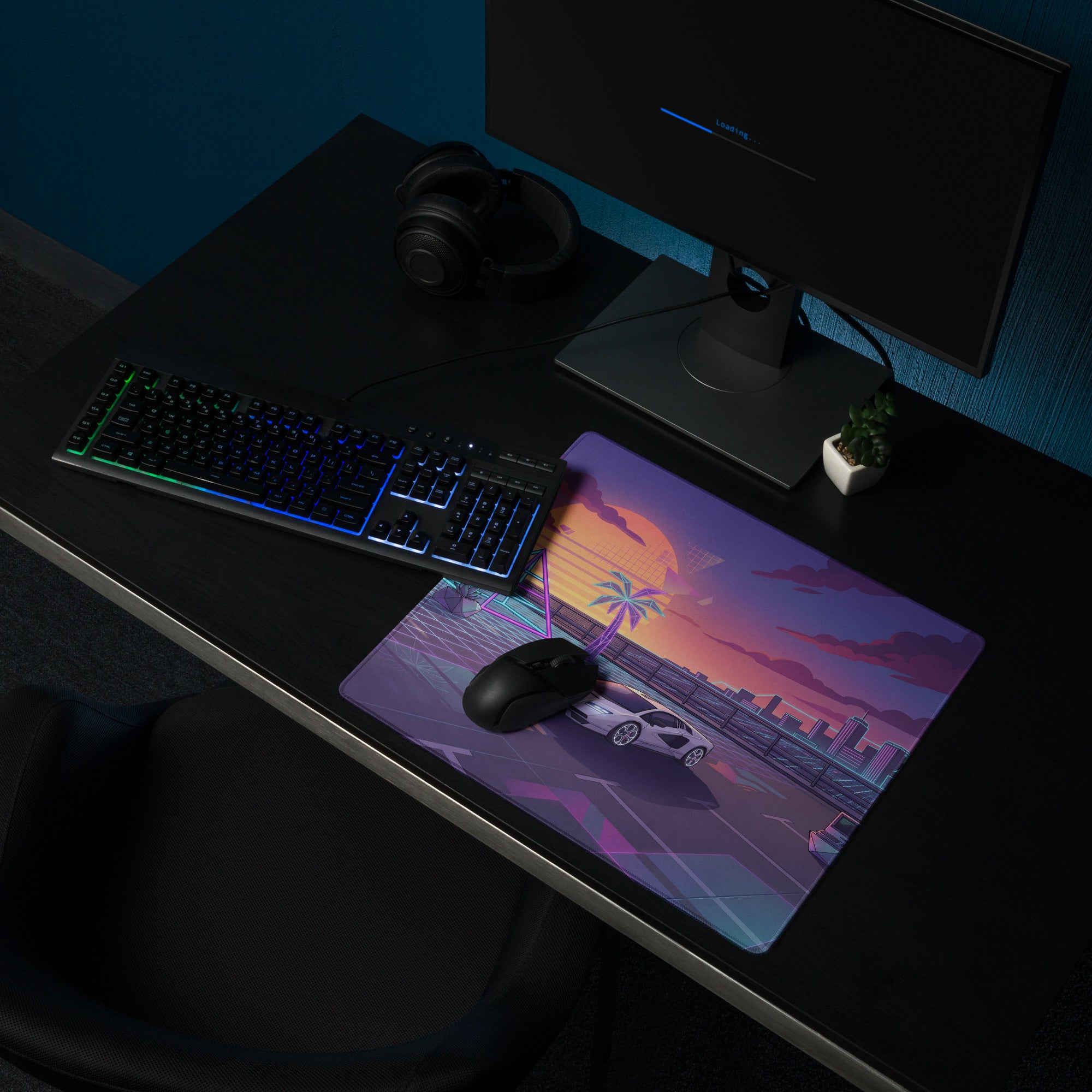 Lamborghini Countach Inspired White Purple Vaporwave Gaming Mouse Pad – Neon Sunset City Desk Mat, Retro Futuristic Supercar Digital Artwork