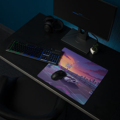 Lamborghini Countach Inspired White Purple Vaporwave Gaming Mouse Pad – Neon Sunset City Desk Mat, Retro Futuristic Supercar Digital Artwork