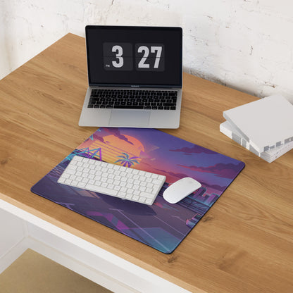 Lamborghini Countach Inspired White Purple Vaporwave Gaming Mouse Pad – Neon Sunset City Desk Mat, Retro Futuristic Supercar Digital Artwork