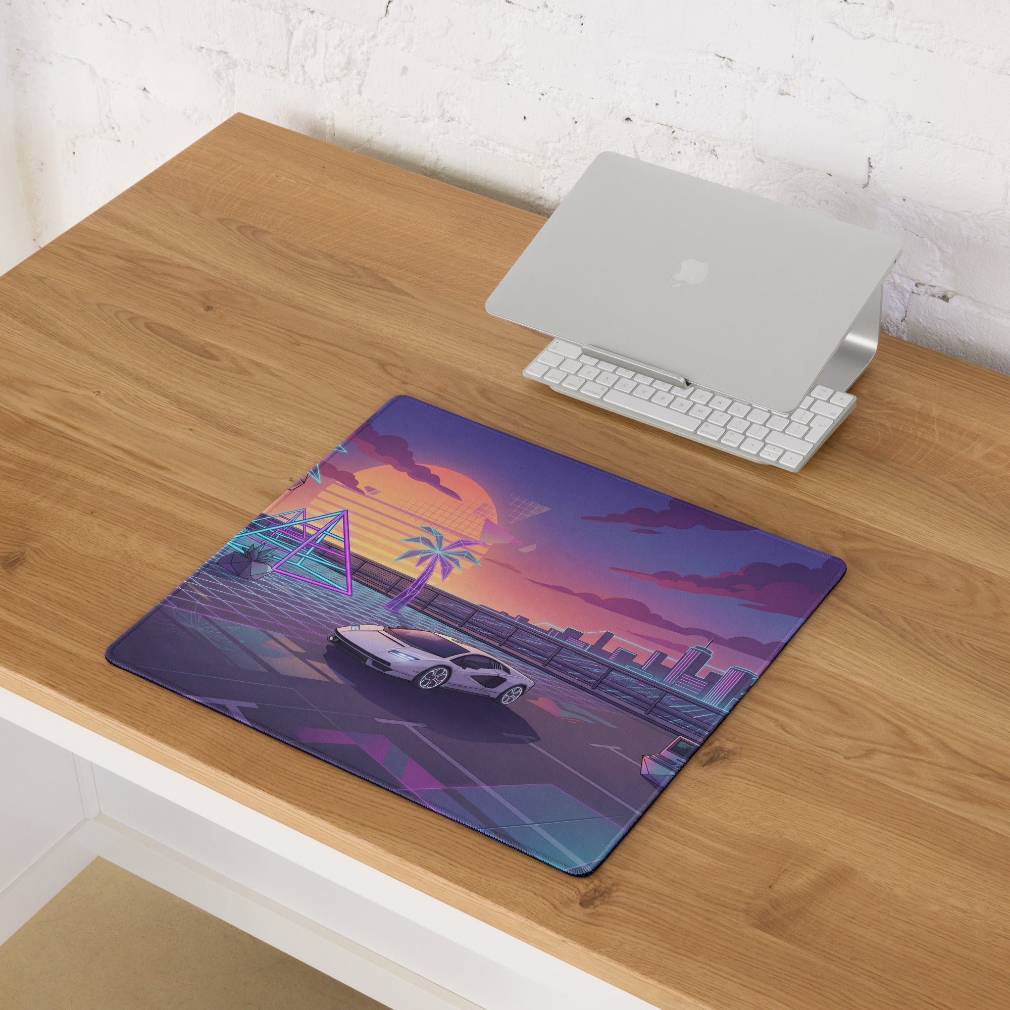 Lamborghini Countach Inspired White Purple Vaporwave Gaming Mouse Pad – Neon Sunset City Desk Mat, Retro Futuristic Supercar Digital Artwork