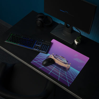 Koenigsegg Jesko Inspired Gold Cyan Vaporwave Gaming Mouse Pad – Neon Grid Desk Mat, Retro Futuristic Hypercar Digital Artwork